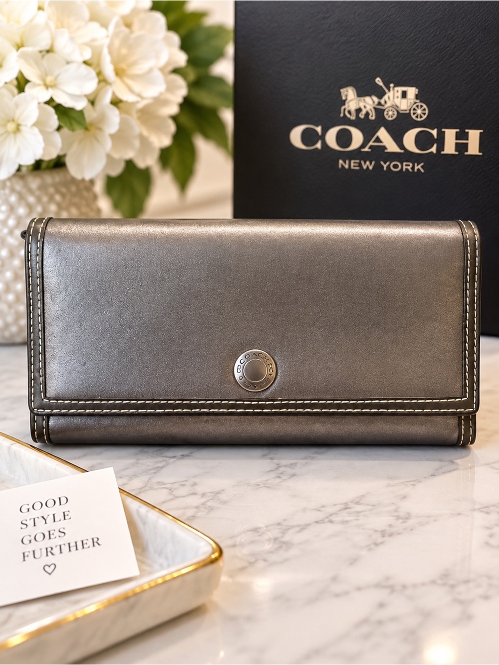 Coach Metallic Gray Leather Trifold Wallet Y2K Vintage Style